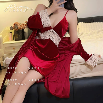 Sexy Gold Velvet Pajamas Autumn and Winter New Chest Pad Sling Nightgown suit Nightgown Lace Two-Piece Home Clothes