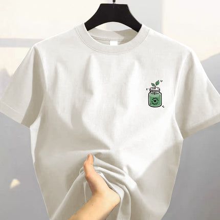 100% Pure Cotton Heavyweight Summer Short-Sleeve T-Shirt for Men, Versatile Trendy Brand Casual Cartoon Print Student Half-Sleeve Top