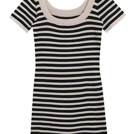 Small Knitted Hong Kong Style Striped Square Neck Dress Women's Summer 2023 New Slim-Fit Slimming Skirt Bag Arm Skirt