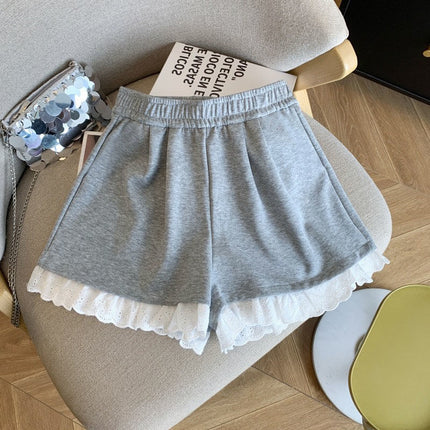 Lace Splicing Sports Casual Shorts for Women 2025 New Elastic High Waist Slimming Versatile Loose Wide Leg Pants