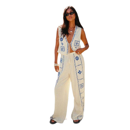 2026 Fashion New Women's Printed Set Independent Brand Artistic Retro Sleeveless Top and Wide-Leg Pants Two-Piece Set