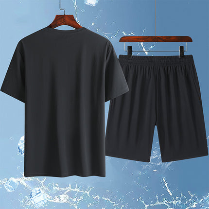 25 Summer Ice Silk Sports and Casual Large Size Short Suit Men's Summer Ice Silk Quick-Drying Ice Silk Two-Piece Running Suit