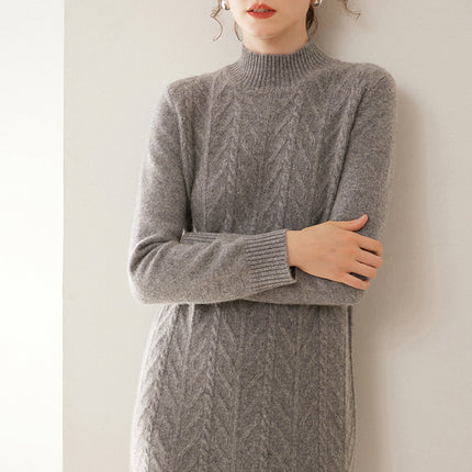 Fashionable New Style Half-High Collar Cable-Knit Cashmere Dress for Women, Plus Size, Autumn and Winter New Mid-Length Sweater Dress