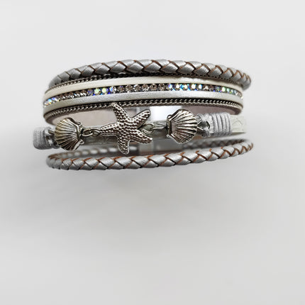 Cross-border Hot Sale New Style Shell Starfish Bracelet Diamond-encrusted Multi-layer Magnetic Bracelet Bohemian Woven Leather Bracelet