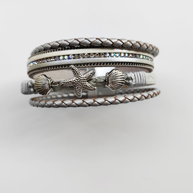 Cross-border Hot Sale New Style Shell Starfish Bracelet Diamond-encrusted Multi-layer Magnetic Bracelet Bohemian Woven Leather Bracelet