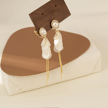 Diamond Round Pearl Shell Tassel Earrings French Elegant Korean Style Light Luxury Advanced Mosquito Incense Plate Ear Clip