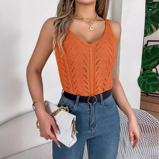 Real Shot of 2026 Spring/Summer European and American Style Solid Color V-Neck Hollow-Out Sleeveless Knit Vacation Tank Top Amazon Cross-Border Women's Clothing