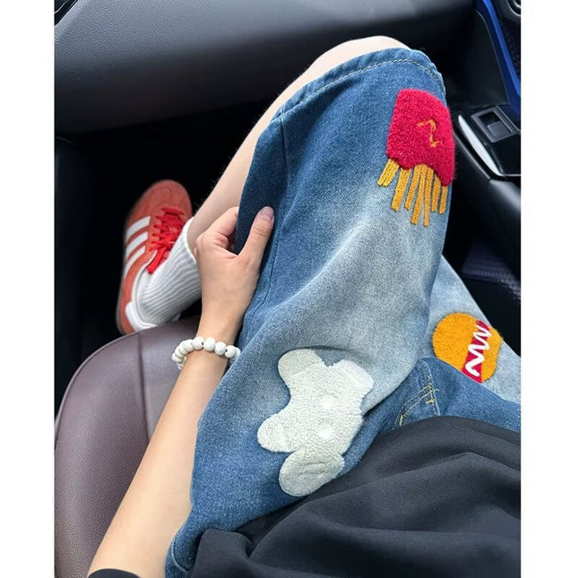 Retro Burger Fries Towel Embroidered Denim Shorts for Men and Women Loose Summer 2025 New Straight Wide Leg Pants