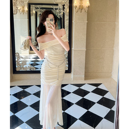 Cross-border 2025 Summer New French Style All-match Simple Elegant off-shoulder Pleated Mesh dress Women's Fishtail Dress