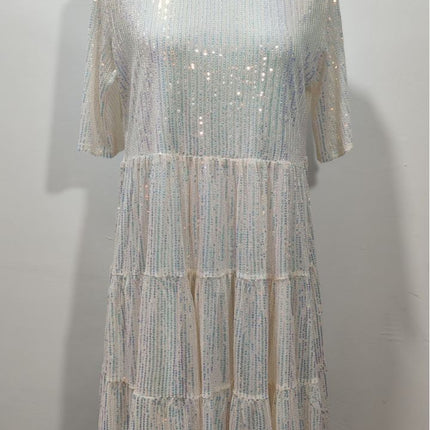 Cross-Border European and American Style Glitter Sequin Half-Sleeved Round Neck Ruffled Loose Short-Sleeved Dress Banquet Dress 10 Colors
