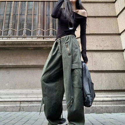 American Retro Army Green Multi-Pocket Design Cargo Pants for Women 2025 Summer High-Waisted Wide-Leg Floor-Length Jeans
