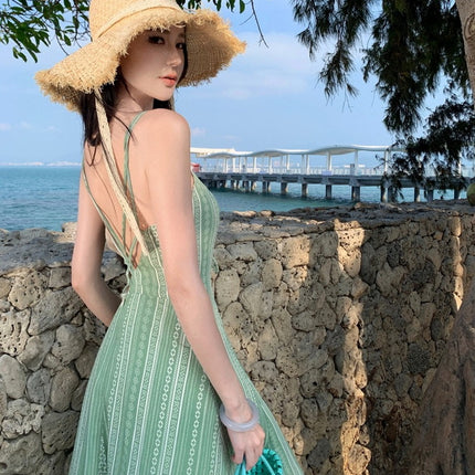 Real Shot New Light Green Printed Sling dress Yunnan Seaside Holiday Lou Super Slim-fit Back Long Dress for Summer