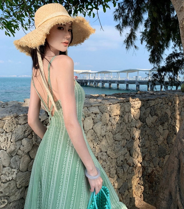 Real Shot New Light Green Printed Sling dress Yunnan Seaside Holiday Lou Super Slim-fit Back Long Dress for Summer