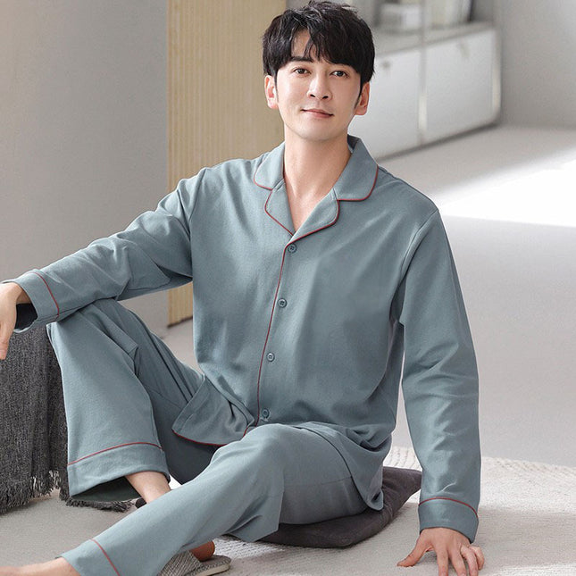 High-End Men's Pajamas Spring and Autum New Pure Color Long-Sleeved Pants Scandinavian Style Imitation Cotton Home Wear Set