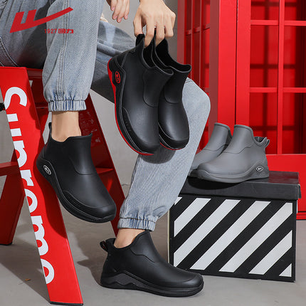 Pull Back New Fashion Men's Rain Boots Short-Tube Rubber Shoes Water Shoes Non-Slip Wear-Resistant Car Wash Work Waterproof Shoes Warm Winter