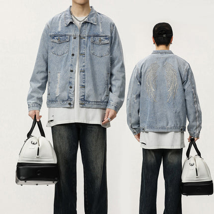 2025 New Autum Trendy Brand Motorcycle Jacket Tops Light Retro Wings Embroidered Ripped Denim Jacket for Men