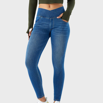 Cross-Border New Style Whiskered High-Waisted Straight-Leg Jeans for Women, High-Stretch Tight-Fitting Double-Pocket Fitness Casual Pants