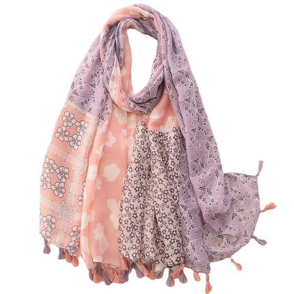 Japanese New Artistic Color Split Travel Sunscreen Beach Towel Printed Cotton and Linen Hand Scarf Tassel Scarf Large Scarf