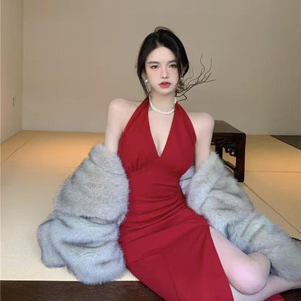 Hong Kong Style Vintage wine red Sleeveless Sexy Backless Split Neck Strap dress Beach Long Dress for Seaside Holiday