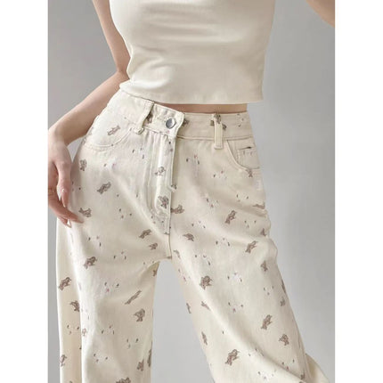 Beige Bear Printed Jeans Women's American-style Printed plus size High-waisted Slim-fit Loose Micro-elastic Straight-leg Wide-leg Pants