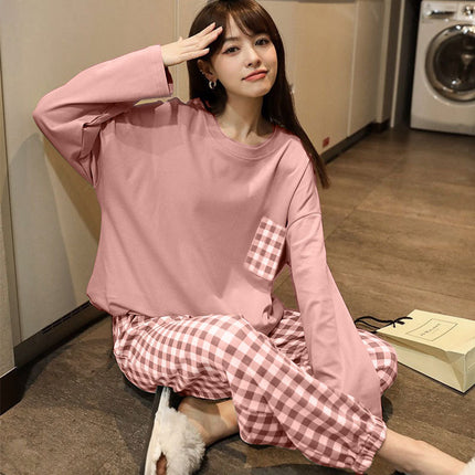 Factory wholesale live fashion spring and autumn cotton pajamas women's cute simple wind long sleeve trousers home clothes suit