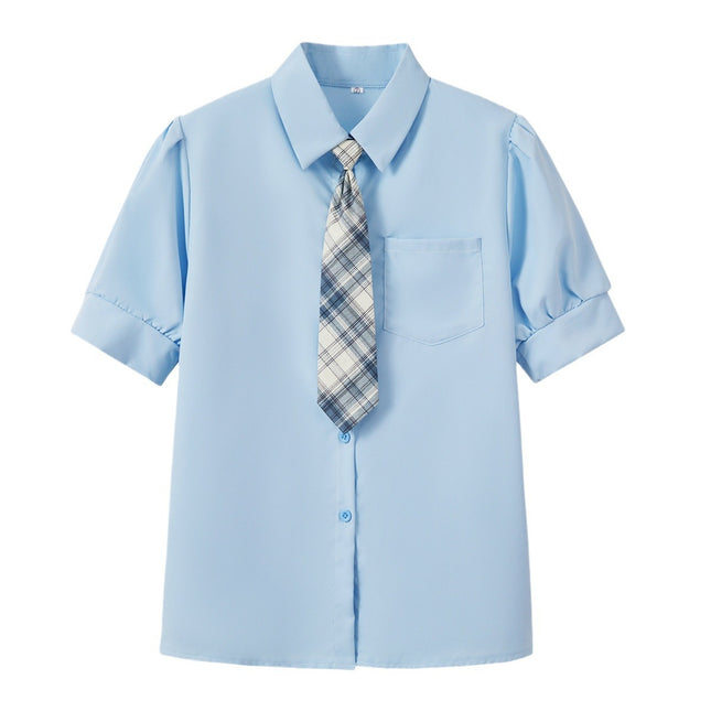 Short-sleeved Shirt Women's Summer Age-reducing College Japanese Girls JK Tie Shirt light blue Mid-length Fashion Top