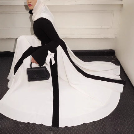 Europe and the United States cross-border women's 2025 spring new black and white stitching long elegant women's evening dress dress dress