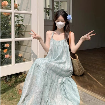 Mint Green Fresh Sling dress Women's Summer 2025 New Loose Slimming Vacation Style Seaside Midi Dress