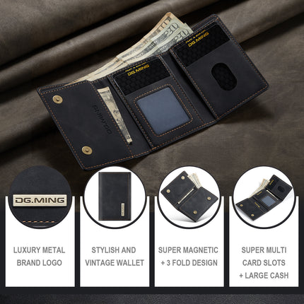 DG.MING Large Capacity Trifold Wallet Retro PU Wallet Card Bag Multifunctional Magnetic Small Wallet Clutch Black