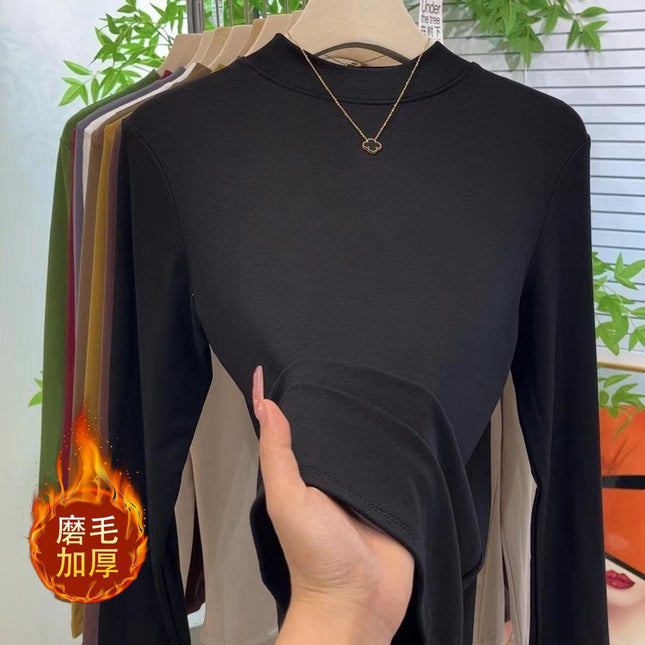 Brushed Thickeneded Small Stand-Up Collar Bottoming Shirt for Women in Spring, Autumn and Winter with Velvet and Thickeneding 2025 New Warm Top for Women