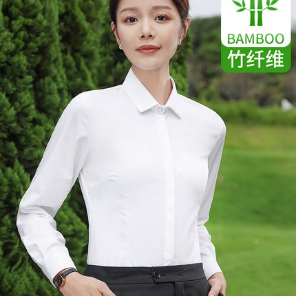 Bamboo fiber stretch shirt Women's Blue business formal wear non-ironing anti-wrinkle long sleeve shirt white work clothes business wear