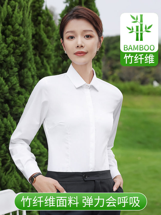 Bamboo fiber stretch shirt Women's Blue business formal wear non-ironing anti-wrinkle long sleeve shirt white work clothes business wear