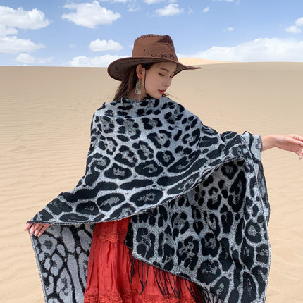 Leopard Split Towel Warm Tassel Shawl Thickened Xizang Northwest Desert Windproof Cape Women's Travel