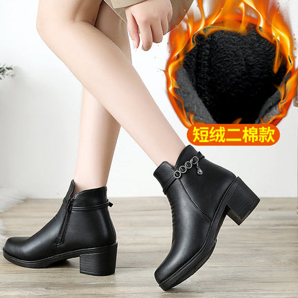Middle Heel Winter fleece-lined Warm Cotton Shoes Middle-aged and Elderly Mother Shoes Short Boots Middle-aged Women's Shoes Autumn and Winter Winter Shoes Non-slip Leather Shoes