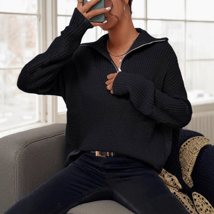 2025 Autumn/Winter Black Half-Zip Lapel Sweater for Women, Waffle Texture Loose Lazy Style Knitted Pullover