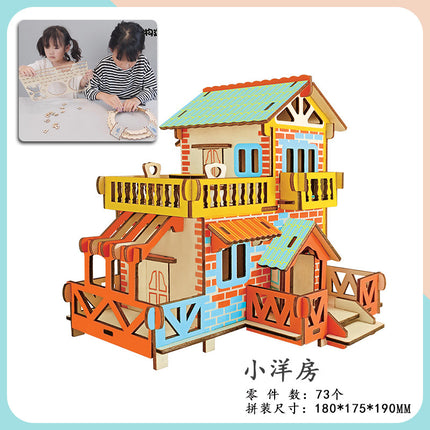 Wooden 3d 3d puzzle assembled building model youth diy style cottage educational toy small Western House