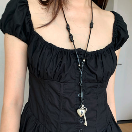 Dorothy Summer New French Style Romantic Little Black Dress with Line Collar and Lantern Sleeves Slimming Ballet Style dress Women
