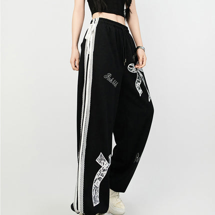 Trendy Jazz Dance Ballet Style Lace Trim Casual Pants Elastic Waist Sports Straight Slim Versatile Black Long Pants