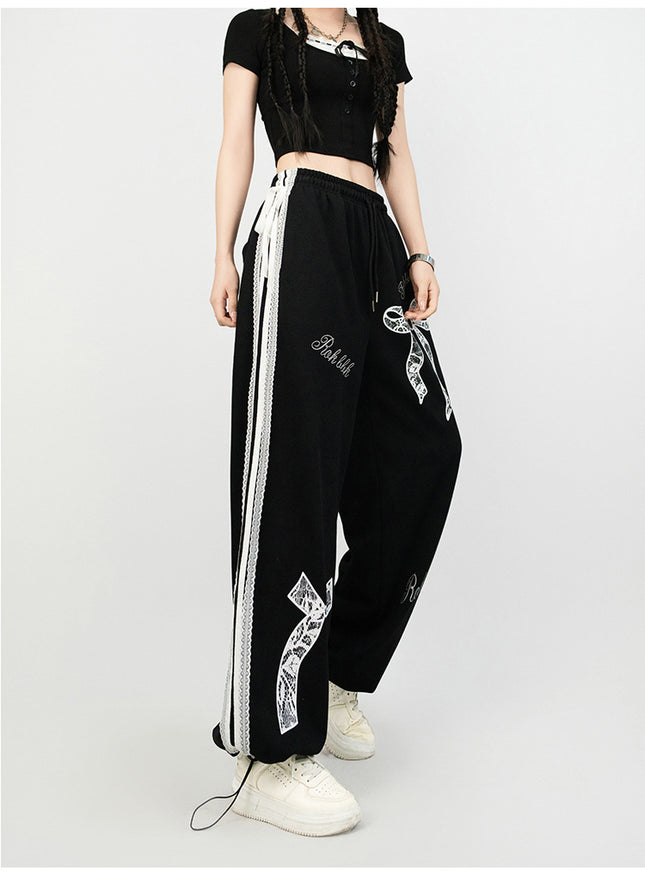 Trendy Jazz Dance Ballet Style Lace Trim Casual Pants Elastic Waist Sports Straight Slim Versatile Black Long Pants