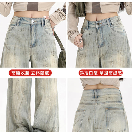 American-Style Splatter Paint Graffiti Wide-Leg Jeans for Women, 2026 Spring New Design, Loose-Fitting Floor-Length Pants