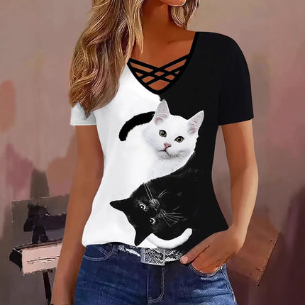 European and American 2025 Amazon TEMU Spring and Summer Explosions Color Crossover V-neck Striped Elegant Casual Short-sleeved T-shirt for Women