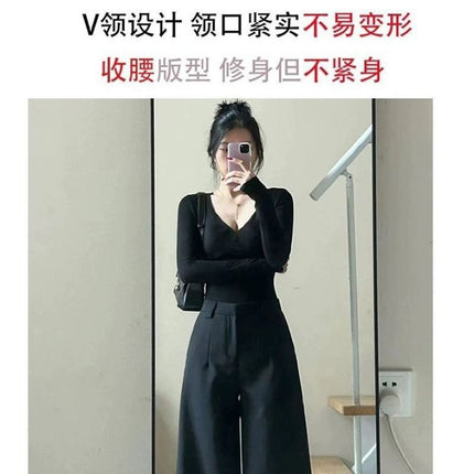 Black Inner Slim-Fitting Bottoming Shirt for Women in Spring and Autum, Long-Sleeved 2025 New V-Neck T-Shirt, Autum and Winter Tops