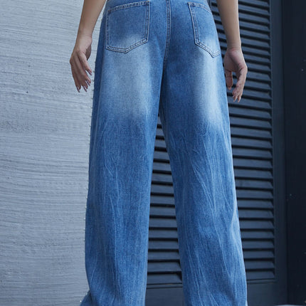 Women's 2025 Autumn New Magic Fashion Heavy Metal Stud White Pearl Tie-Dye Straight-Leg Jeans