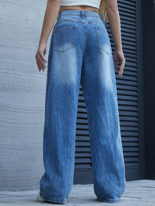 Women's 2025 Autumn New Magic Fashion Heavy Metal Stud White Pearl Tie-Dye Straight-Leg Jeans