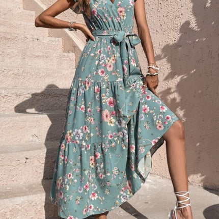 【Code】Summer Vacation Floral Dress with Floral Print, Butterfly Sleeves, Ruffled Belt, Vacation Style, Light Luxury