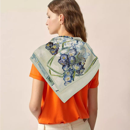 90cm Twill Versatile Van Gogh Oil Painting Bottle Carnation Travel Shawl Large Square High Quality Scarf Head Scarf Silk Scarf