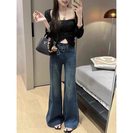 2025 Spring and Autumn New Arrival Hong Kong Style Retro Wide Leg Dash Jeans High Waist Loose Slimming Straight Leg Pants for Women