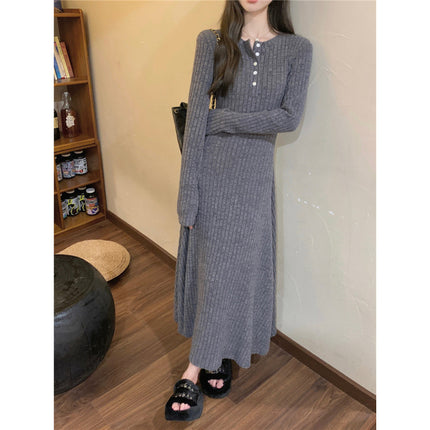 Brushed Ribbed Knit French-Style Simple and Elegant Dress 2026 Korean Version with Waist-Cinching Slimming Effect and Long Base Dress