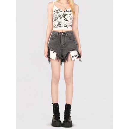 Actual Shot 2025!! Design Hollow Black and Gray Hot Girl Distressed Washed Denim Shorts Hot Pants Women's Trend