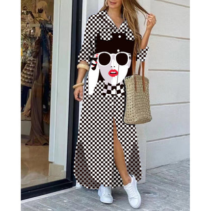 Amazon AliExpress Cross-border Women's New Fashion Long Sleeve Printed Shirt Dress Long dress